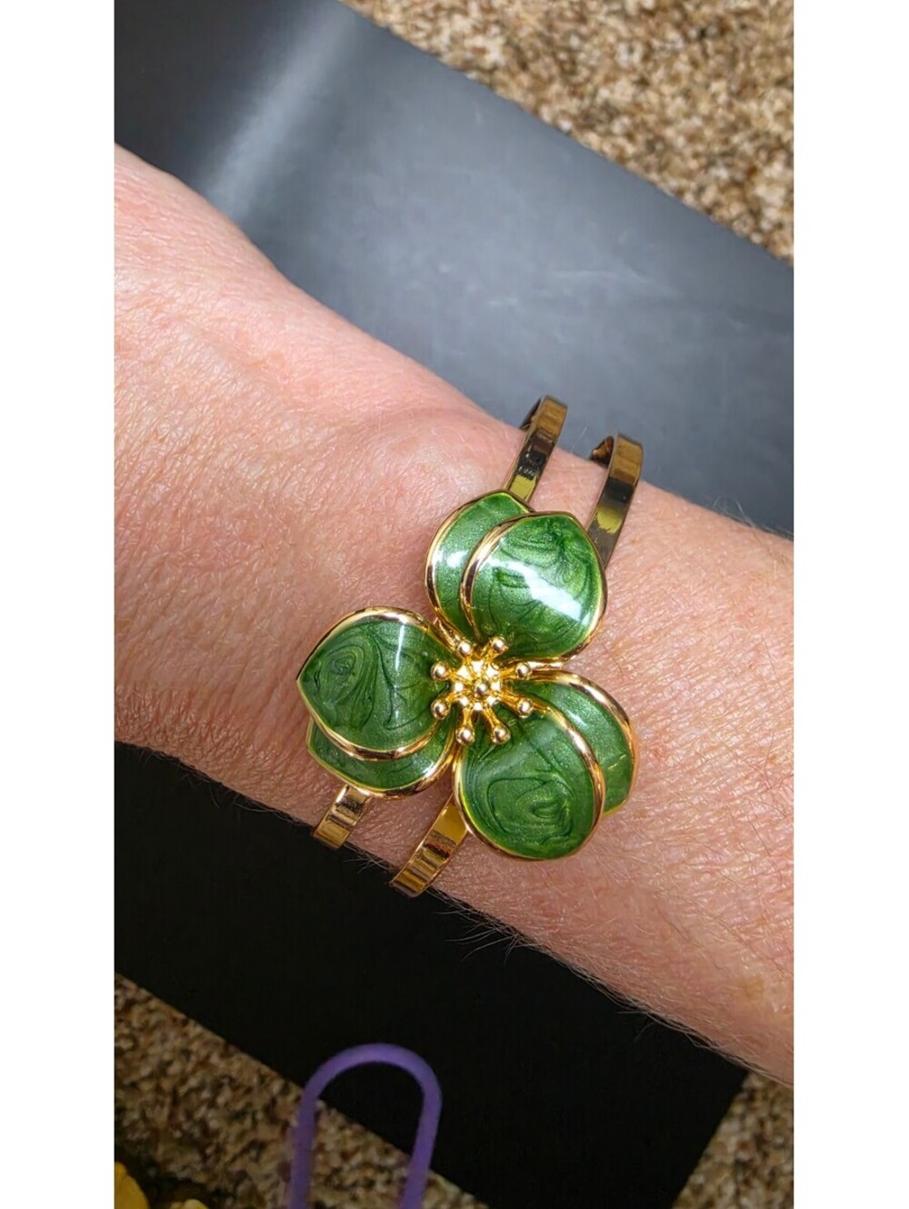 Gold Tone Green Flower Cuff Bracelet